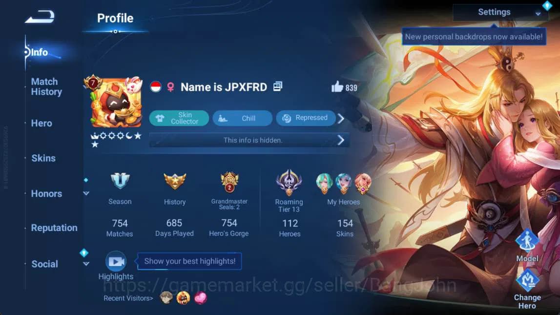 Honor of Kings Accounts GLOBAL | hero 112, skin 154 | flawless arli+daji, image 1
