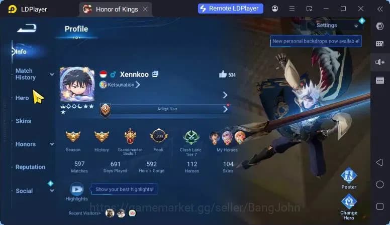 Honor of Kings Accounts Global Hero112 Skin104 |Legend Yao|Lny DaQiao|Limi image 1