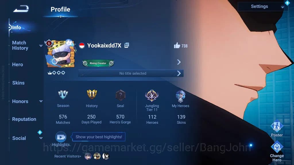 Honor of Kings Accounts GLOBAL 112H 139S | JUNG T11 | FLAW LIBAI | JJK KON image 1