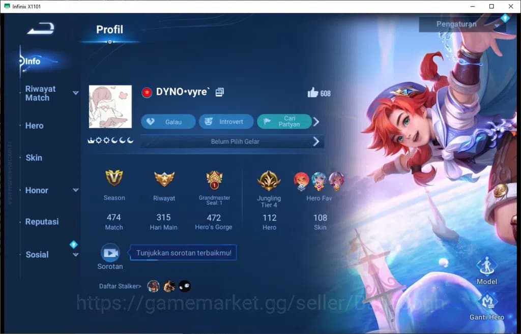 Honor of Kings Accounts GLOBAL|112H|144S|LG=YING,LADY SUN,|LNY=DA QIAO|HNR image 1