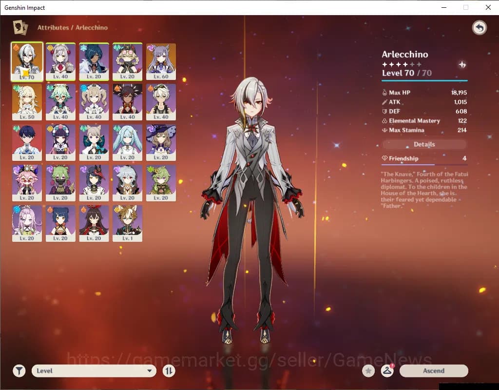 Genshin Impact Accounts ASIA|AR 39|1 Limited+20(*4Character)|Arlecchino|Mc image 3