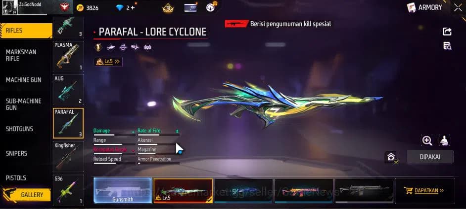 Free Fire Accounts Indonesia|M1887 Mamba GNAW|Parafal Lore Cyclone Lv image 8