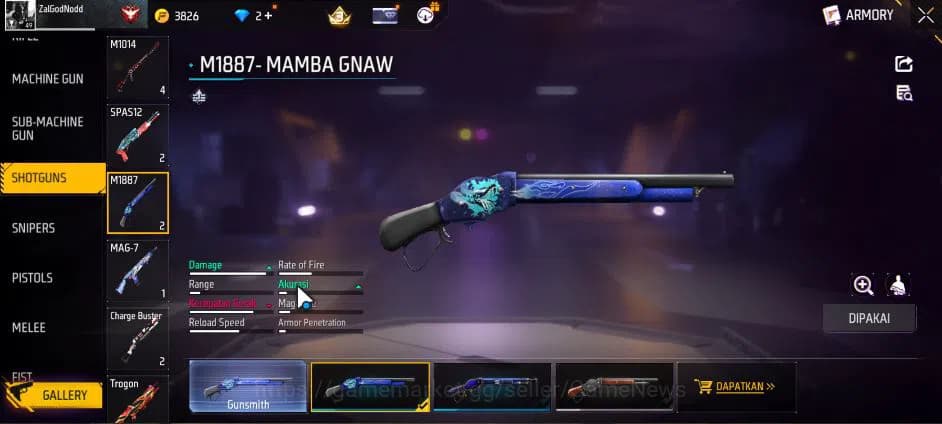 Free Fire Accounts Indonesia|M1887 Mamba GNAW|Parafal Lore Cyclone Lv image 9