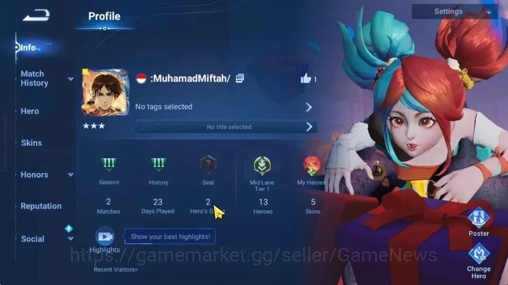 Honor of Kings Accounts Hero 13 Skin 5| Fresh Account With Legend Skins | image 2
