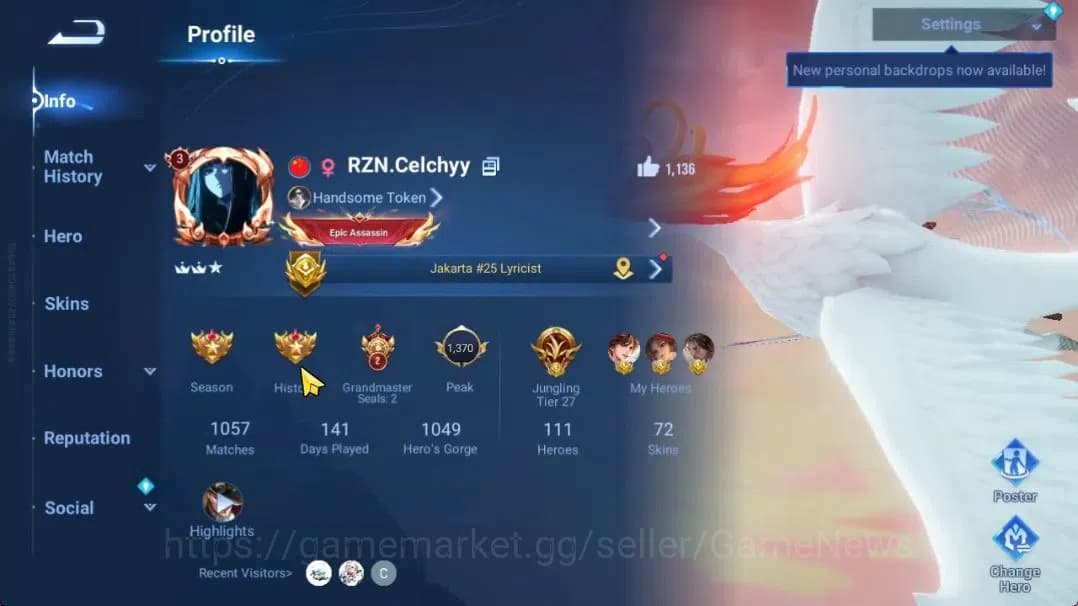 Honor of Kings Accounts Hero111 Skin72|Limited(Li Bai),Legend(Yao),GM(GunM image 2