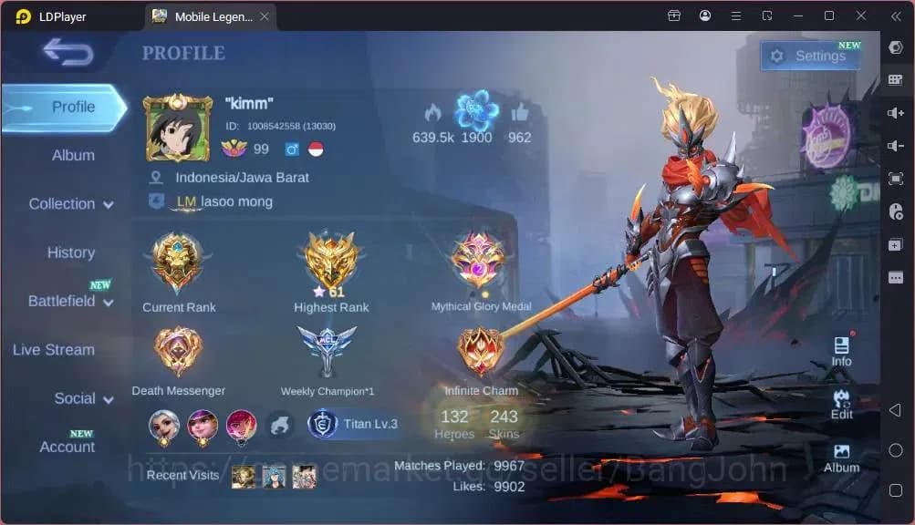 Mobile Legends: Bang Bang Accounts GLOBAL Hero 132 Skin 243|Star Hayabusa|Valentine F image 1
