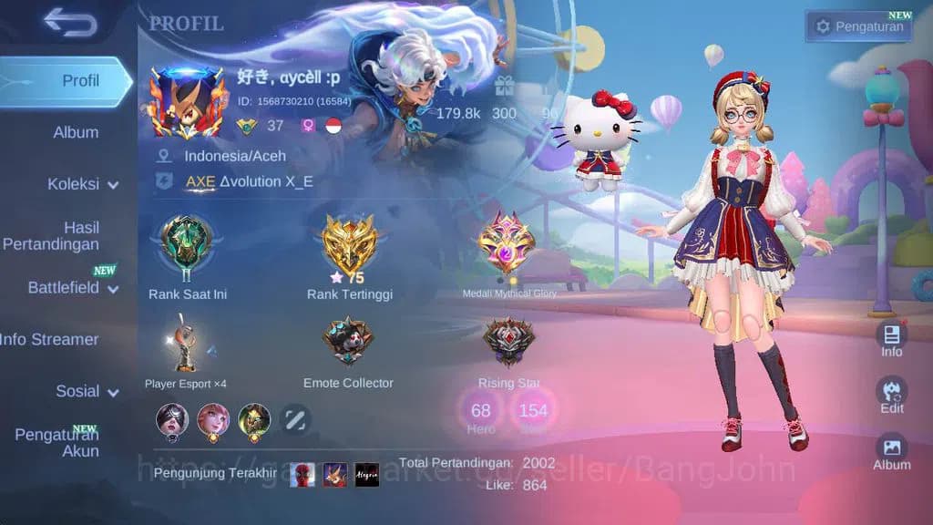 Mobile Legends: Bang Bang Accounts Global, Skin 155,Hero 68 sanrio angela,CC pharsa,L image 1