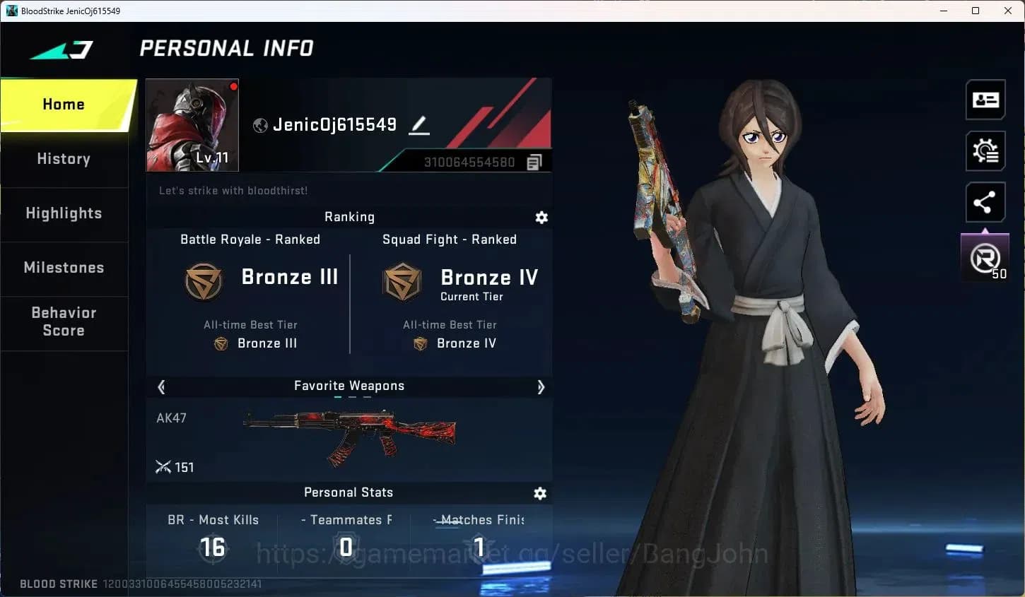 Blood Strike Accounts ASIA | BLEACH: Rukia, Byakuya | 2 Legendary SMG: V image 1