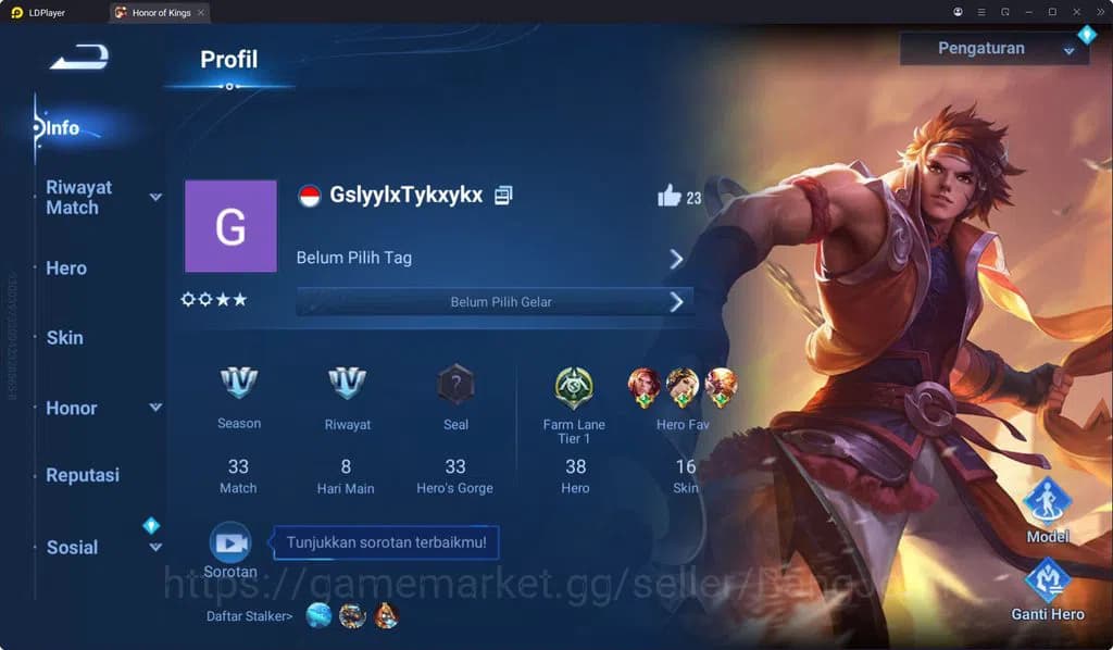 Honor of Kings Accounts HOK Global 38H 16S | Epic Huang Zhong Mask Spirit image 1