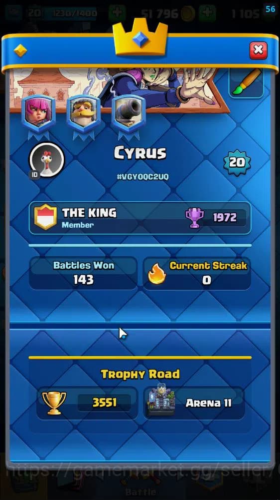 Clash Royale Accounts Lv 20|Trophy 3551|KTL 8|Limited Skin|Card 63| 2 EV image 7