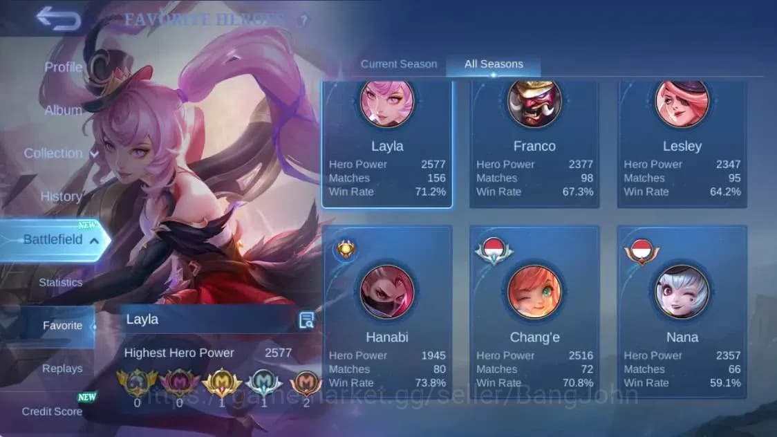 Mobile Legends: Bang Bang Accounts Global|Hero 123 Skin 287|Exalted|Legend Franco|Pri image 4