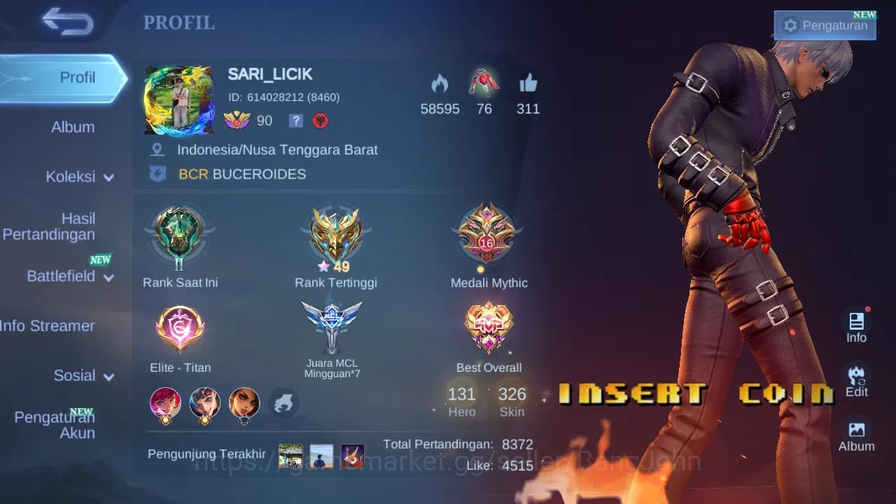 Mobile Legends: Bang Bang Accounts Hero 131 Skin 326 | KOF Gusion | Prime Beatrix | L image 1