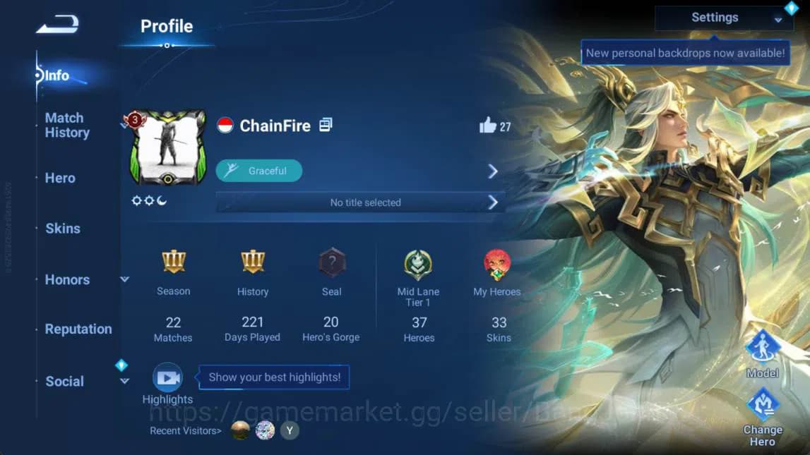 Honor of Kings Accounts GLOBAL | hero 37, skin 33 | SXNX houyi, legend lad image 1