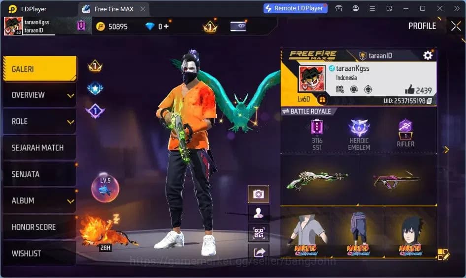 Free Fire Accounts Indonesia | Vault 137 | SG Lumut | Bundle Sasuke | image 2
