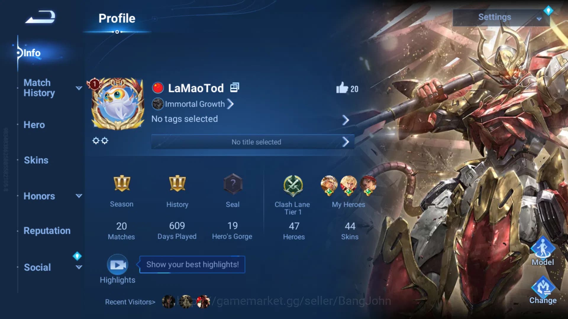 Honor of Kings Accounts GLOBAL Hero 47|Skin 44|2 Legend Wukong+LadySun|Sai image 1