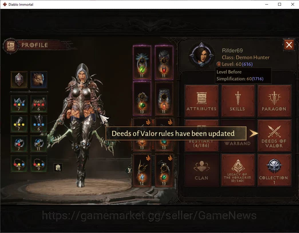 Diablo Immortal Accounts SA - Malah|CS ON|Lv60(616)|Demon Hunter|CR 36k|Res image 3