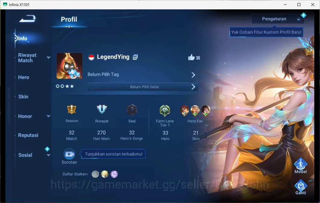 Honor of Kings Accounts GLOBAL | HERO 33, Skin 21 legend ying fire spear image 1