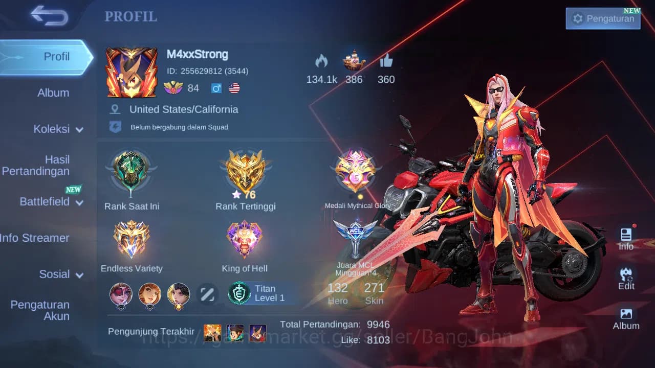 Mobile Legends: Bang Bang Accounts Hero 132 Skin 271 | legend Franco | Ducati Leomord image 1