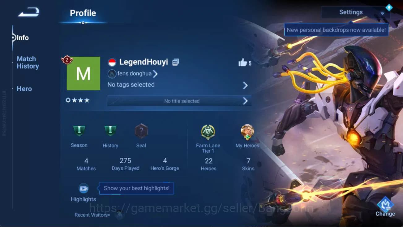 Honor of Kings Accounts GLOBAL | hero 22, skin 7 legend houyi, Arthur, RAR image 1