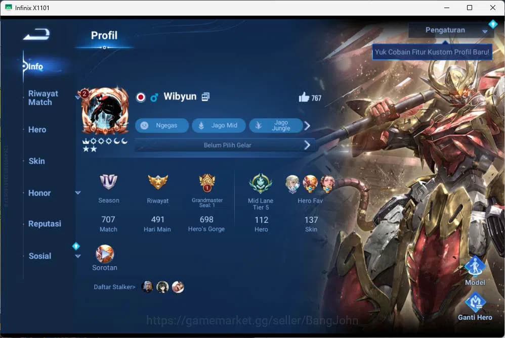 Honor of Kings Accounts GLOBAL | hero 112, skin 137 Sxnx hao yi, legend al image 1