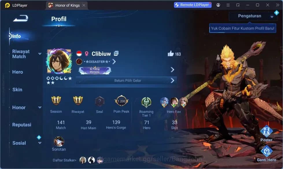 Honor of Kings Accounts GLOBAL Starter |71HR|33SK|Legend Wukoong,Angela|Co image 1