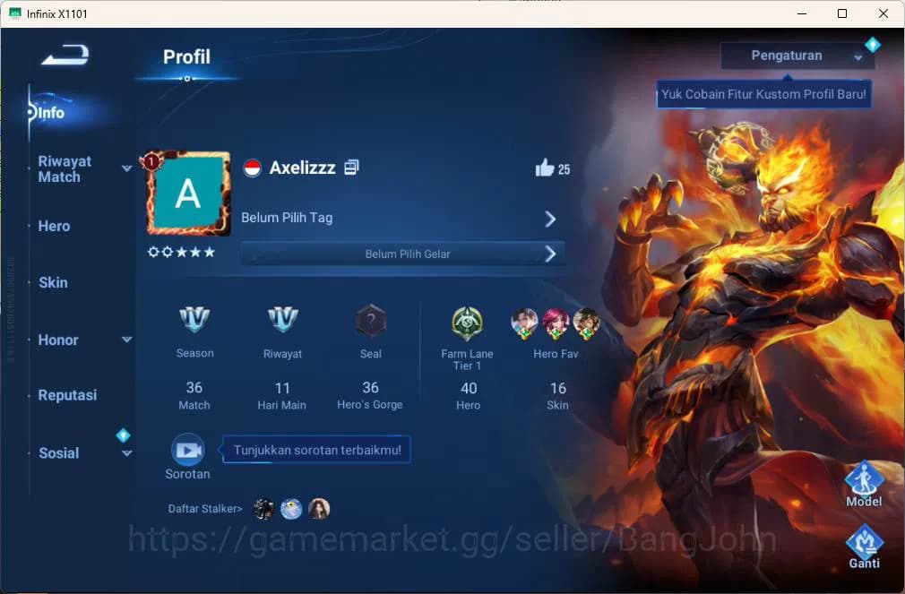 Honor of Kings Accounts GLOBAL Hero 40 , skin 16 legen wukong more detail image 1