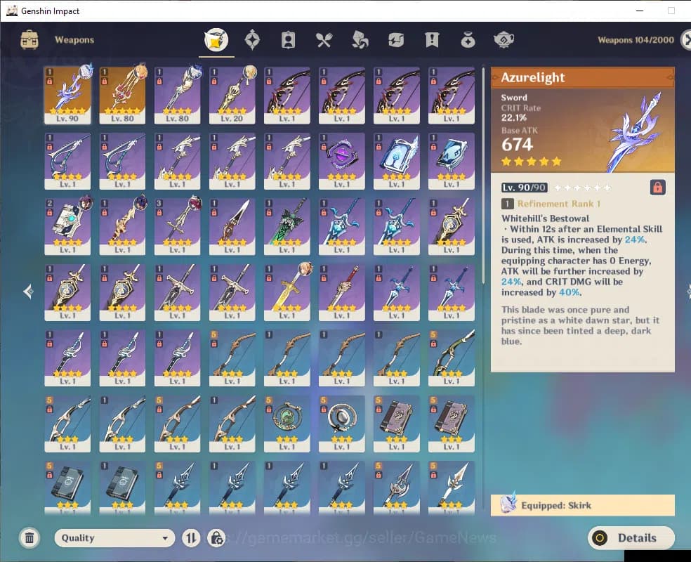 Genshin Impact Accounts ASIA|AR 55|Prime Team Skirk|3Limited+2(*5Wep)|(Ski image 5