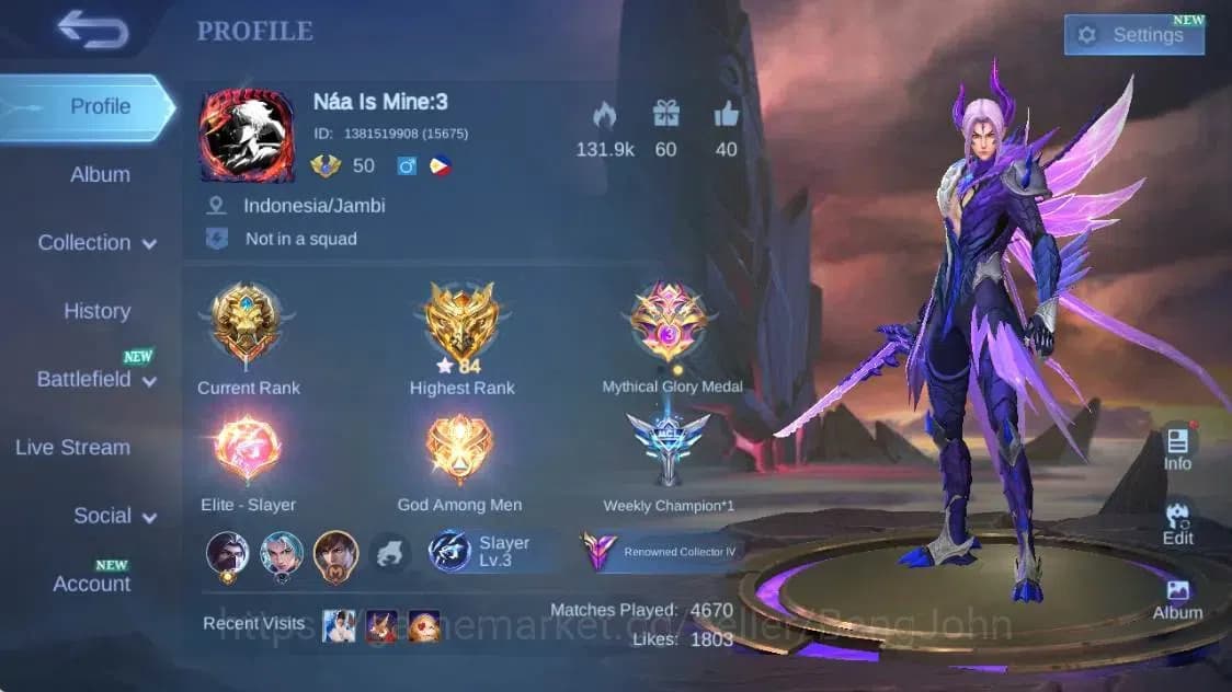 Mobile Legends: Bang Bang Accounts Global|Hero 91|Skin 190|Renowned|PRIME GR|Transfor image 1