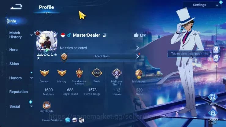 Honor of Kings Accounts Global HR112 SK230 |1 Mythic Stone|Conan Marcopolo image 19