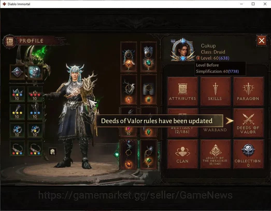 Diablo Immortal Accounts NA - Chain of Honor|CS ON|Lv60(638)|Druid|CR 39K|R image 3