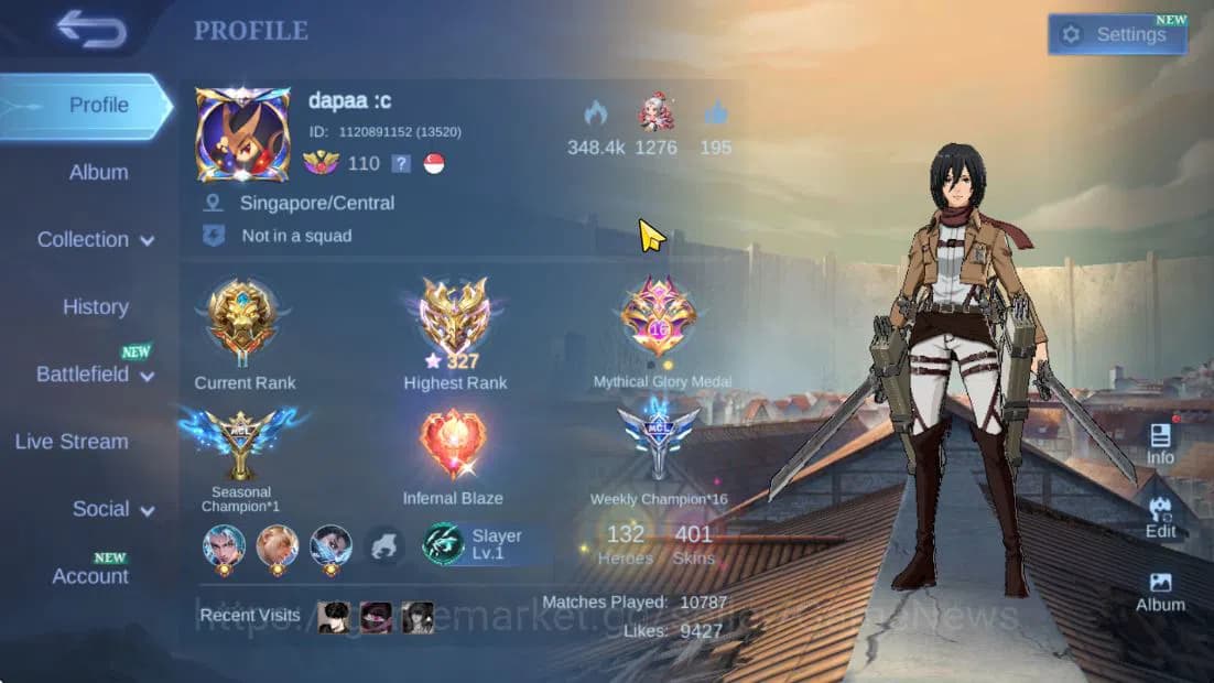 Mobile Legends: Bang Bang Accounts Hero 132|Skin 401|High Immo 327+Good WR|Legend Val image 2