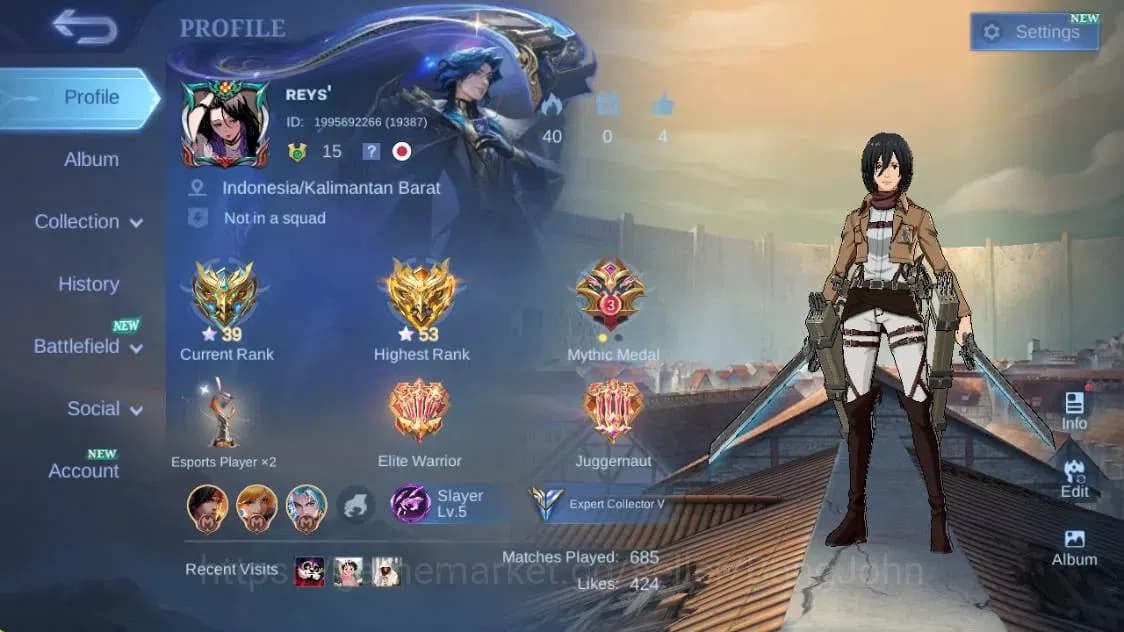 Mobile Legends: Bang Bang Accounts Global|Hero 55|Skin 80|Expert|Collab Fanny Mikasa| image 1
