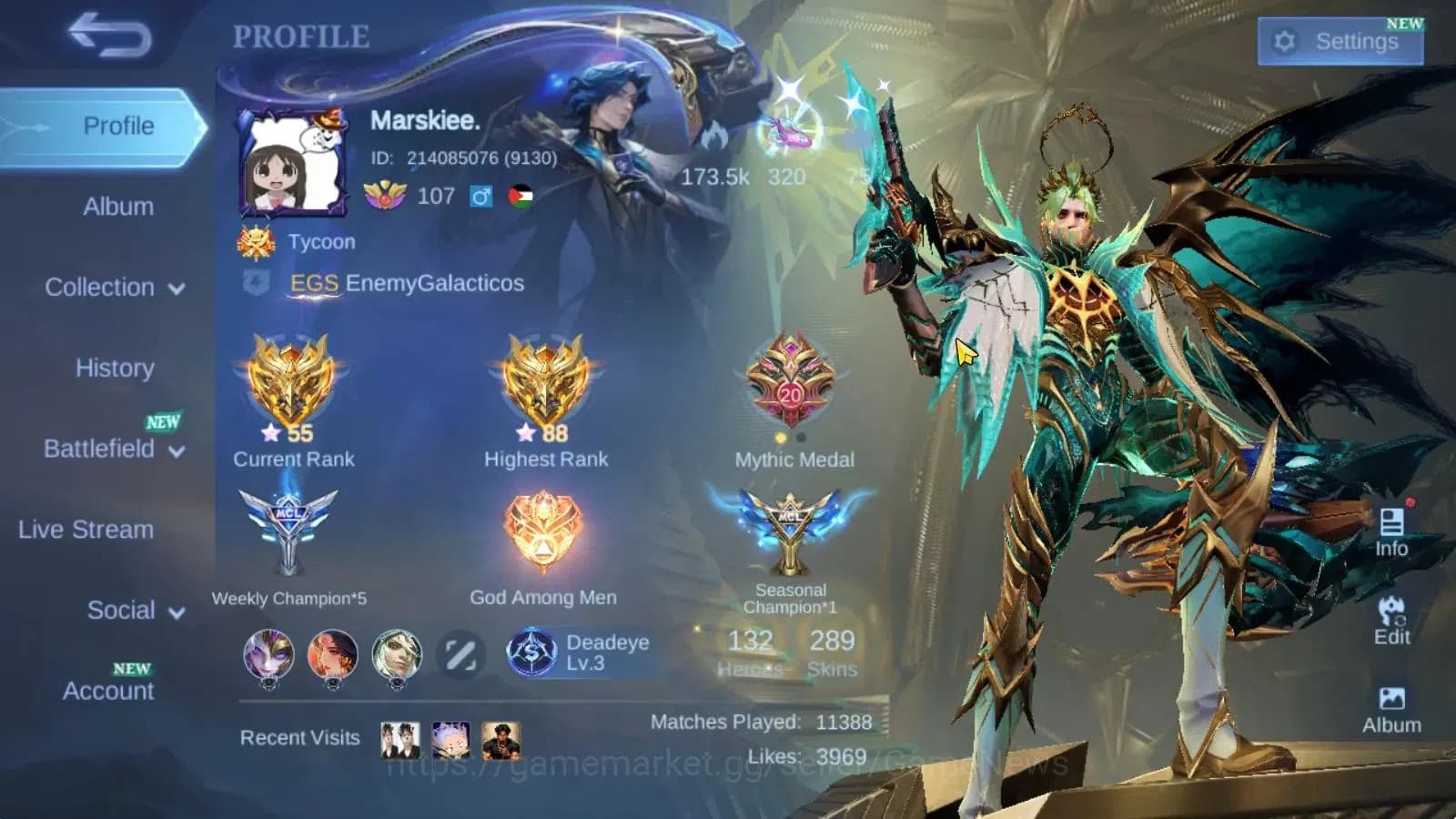 Mobile Legends: Bang Bang Accounts Hero 132|Skin 289|High Glory 88|Prime Granger,Sanr image 2