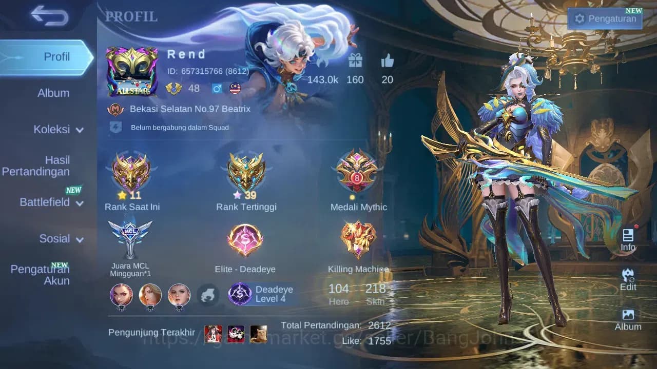 Mobile Legends: Bang Bang Accounts GLOBAL Hero 104 Skin 218 | Prime Claude Beatrix | image 17