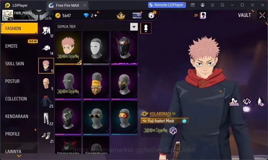 Free Fire Accounts Indonesia | Yuji Itadori collab bundle, Vault 241, image 13