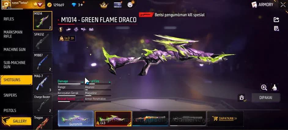 Free Fire Accounts Indonesia| M1887 Mamba GNAW |M1014 Green Flame Dra image 7