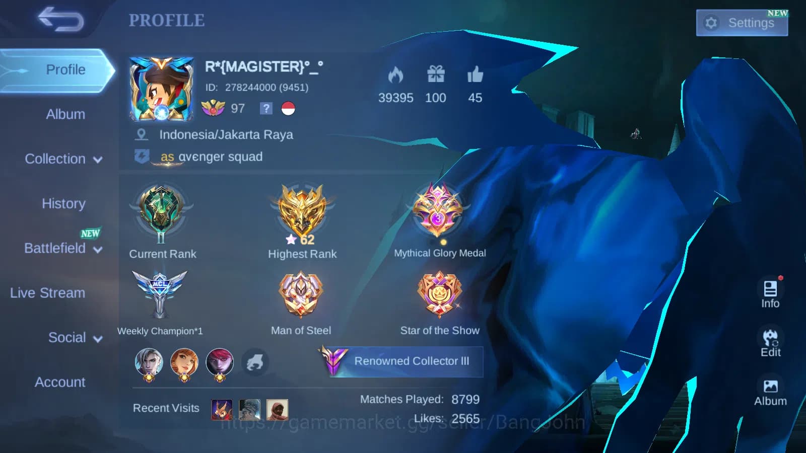 Mobile Legends: Bang Bang Accounts Hero 132 | Skin 276 | Special Recall | Star Angela image 1