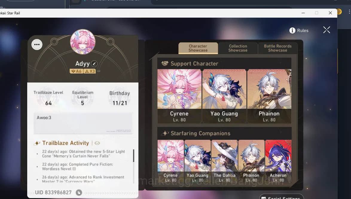 Honkai Star Rail Accounts ASIA | TL 64| 10 limit| Cyrene, Yao Guang, Phainon image 3