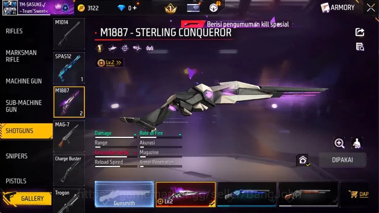 Free Fire Accounts Indonesia | M1887 Sterling Conqueror Evo Lv.2, Vau image 1