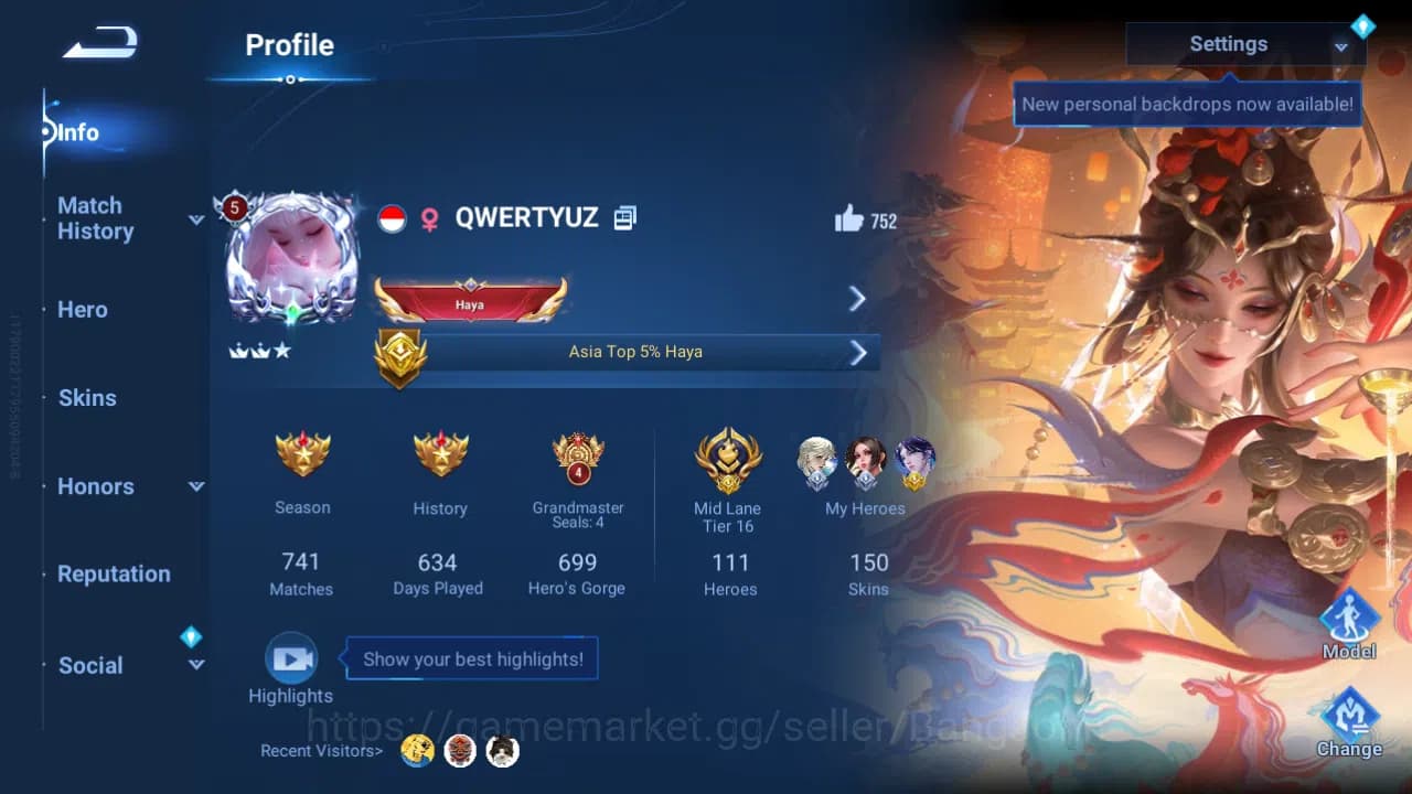 Honor of Kings Accounts Hero 111|Skin 150|Conan Marco|LNY26 DiaoChan|Sanxi image 1