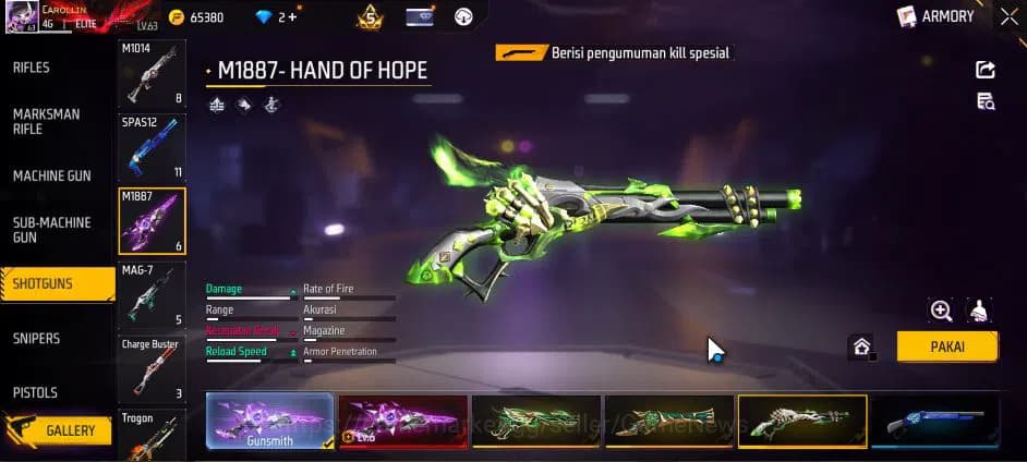 Free Fire Accounts Indonesia|M1887 Sterling C Lv6,Hand Of H,Emerald P image 14