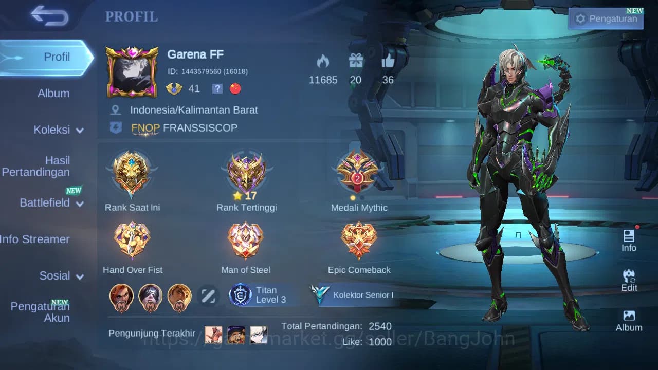 Mobile Legends: Bang Bang Accounts GLOBAL Hero 82 Skin 108 Saber Johnson | Venom GS H image 2