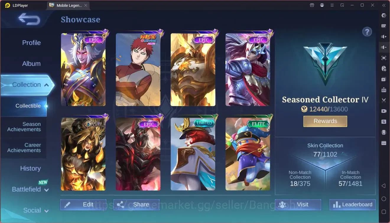 Mobile Legends: Bang Bang Accounts GLOBAL Hero 52 Skin 77 |Gaara|Dtamer Masha|Epic image 2