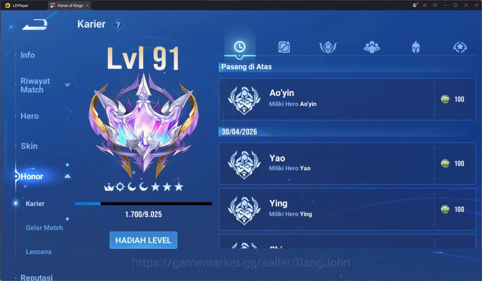 Honor of Kings Accounts Global 85 Hero 56 Skin | Farm Lane T12 | SXD Hou Y image 14