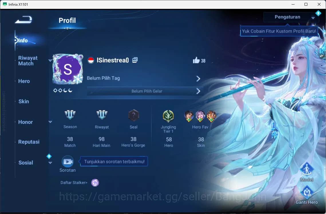 Honor of Kings Accounts global | hero 58 skin 38 KIC luna, land shi, land image 1