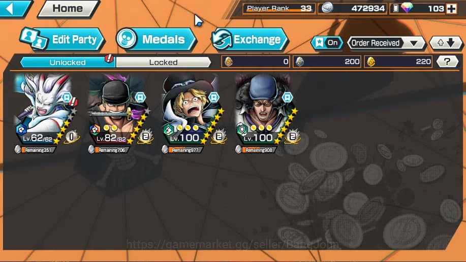 One Piece Bounty Rush Accounts Global | 4EX | Rank 33 | Okuchi Yamato, Roronoa Zo image 2