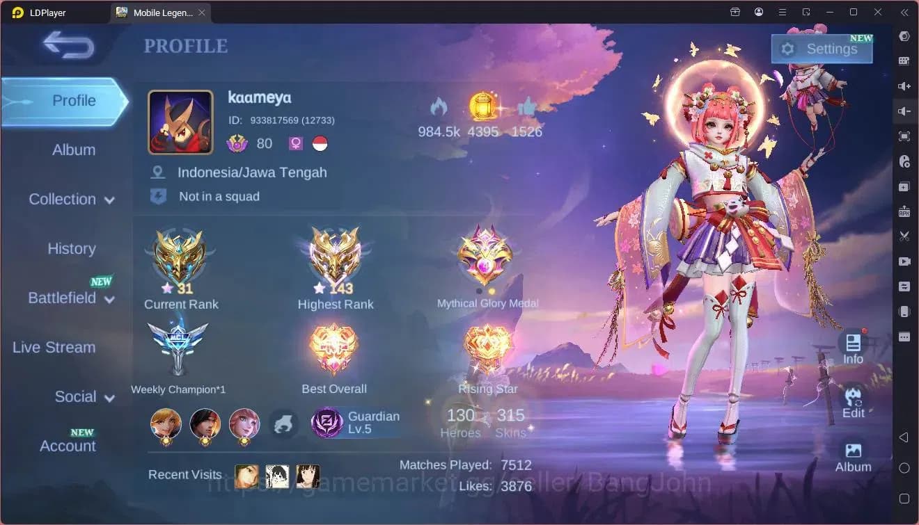 Mobile Legends: Bang Bang Accounts GLOBAL Hero 130 Skin 315|Kishin Angela|Aspirants G image 1