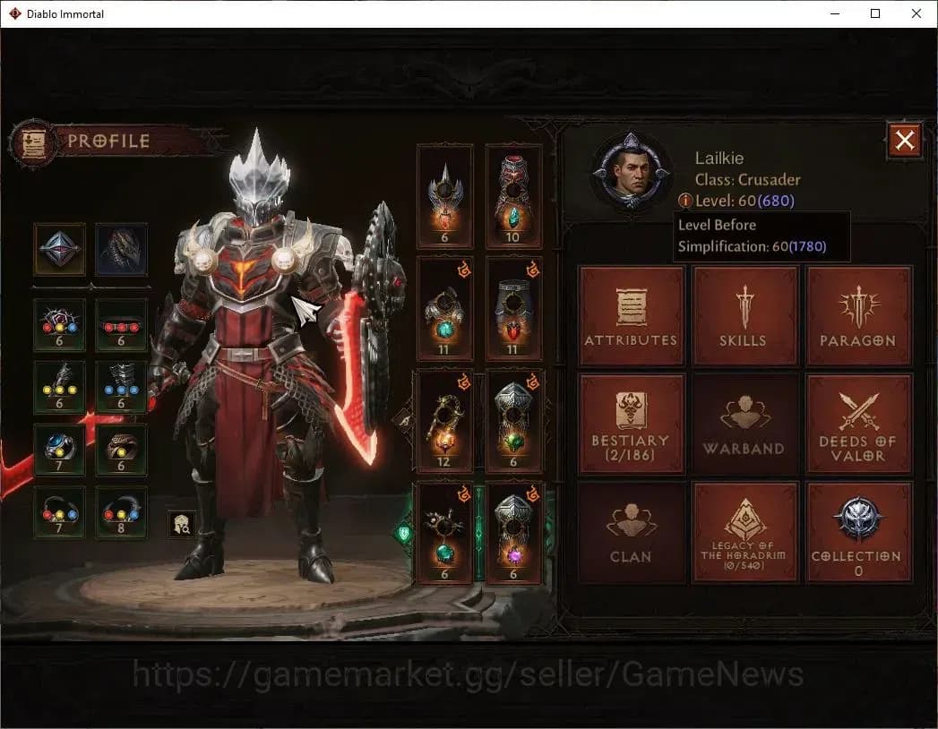 Diablo Immortal Accounts SEA - Anu|CS ON|Lv60(680)|Crusader|CR 37K|Reso 390 image 3