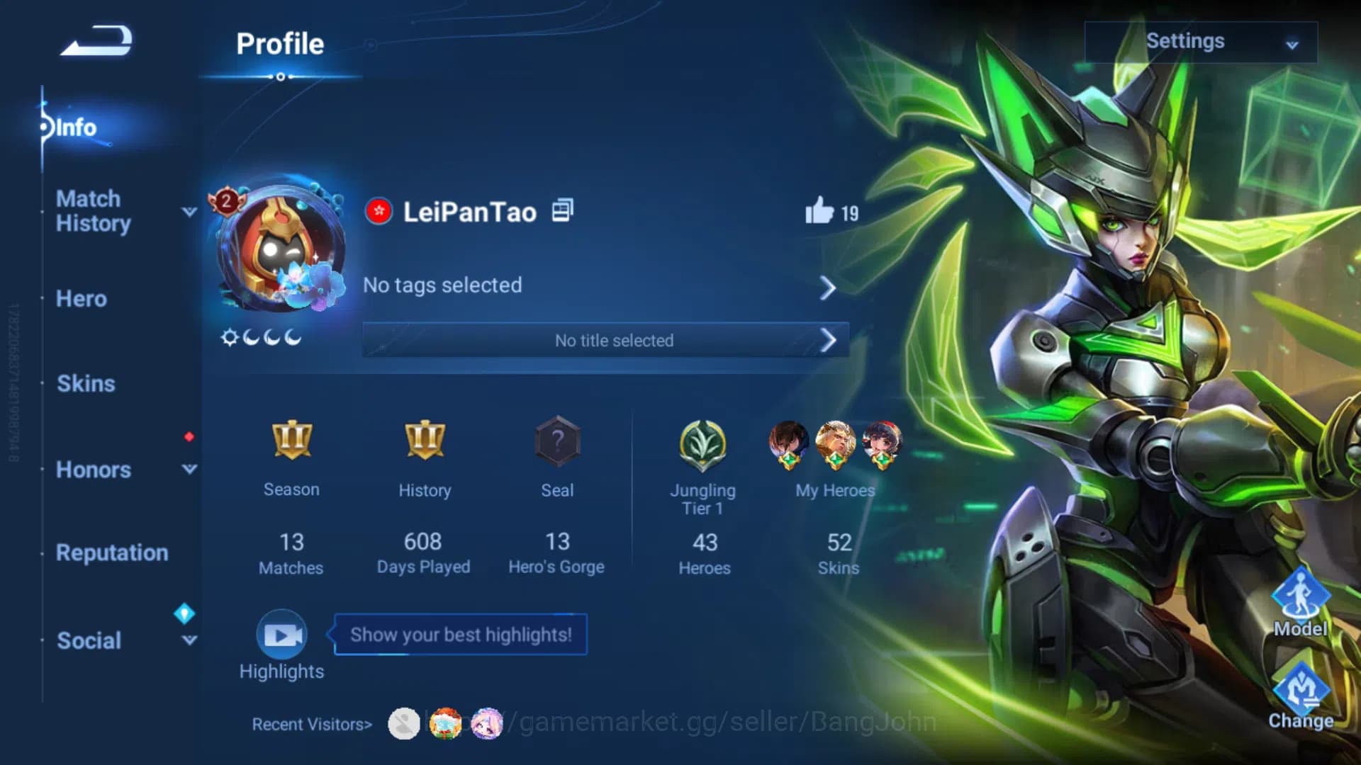 Honor of Kings Accounts GLOBAL Hero 43 | Skin 52 | Kic Luna|Legend Lady Su image 1