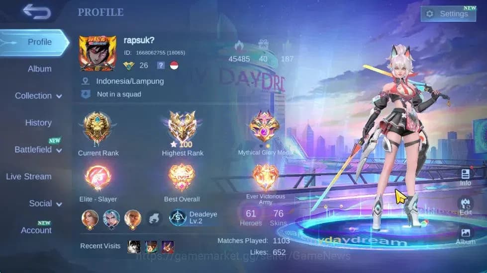 Mobile Legends: Bang Bang Accounts Hero 61|Skin 76|High Immo 100|LB Granger,Fanny[Val image 2